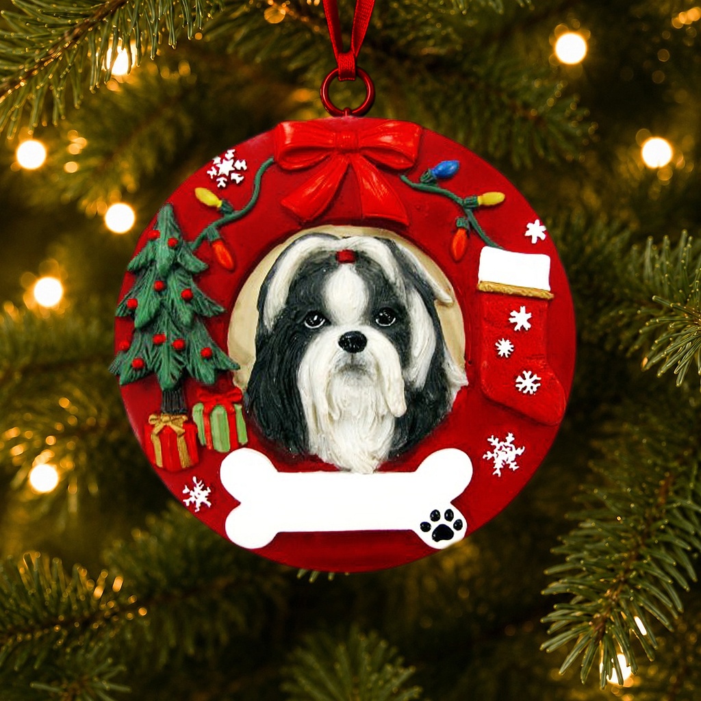 Shih Tzu, black and white  Circle-Shaped Ornaments