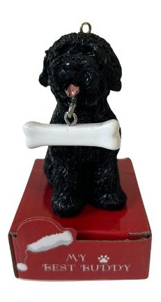Labradoodle, black statue with bone