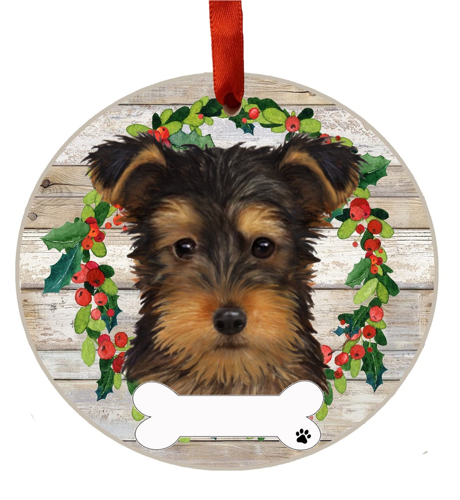 Yorkie, puppy cut ornament, ceramic wreath