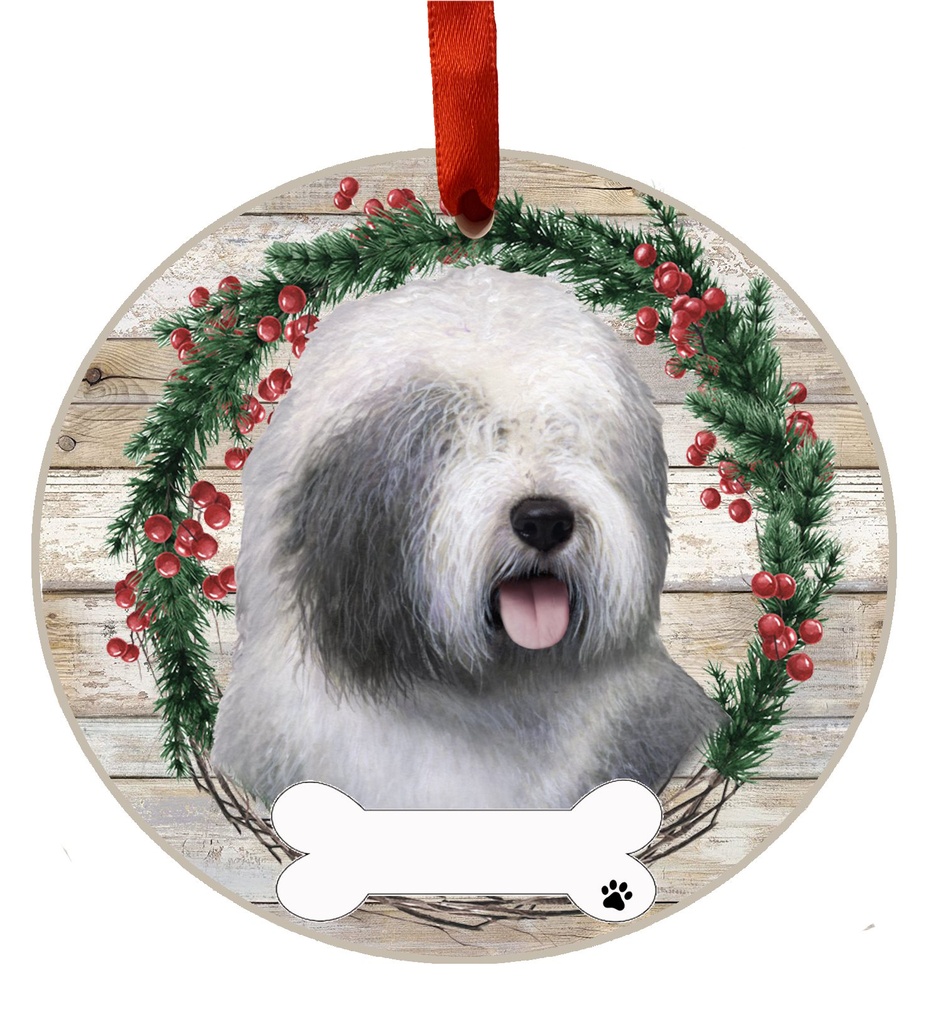 Old English Sheepdog ornament, ceramic wreath