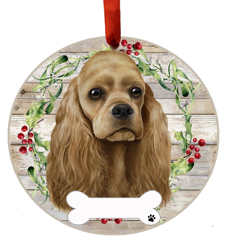 Cocker Spaniel, buff ornament, ceramic wreath