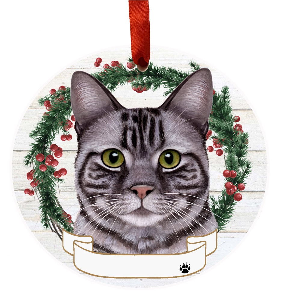 Tabby, silver ornament, ceramic wreath
