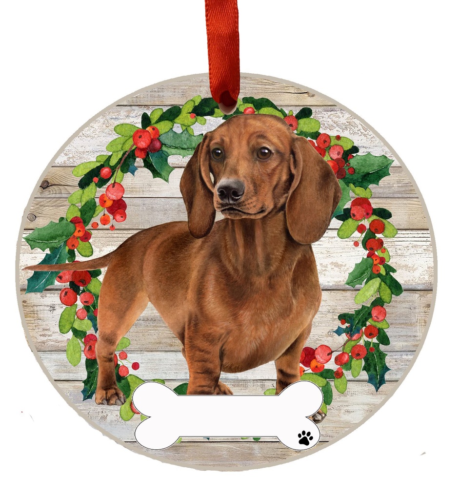 Dachshund, red FB ornament, ceramic wreath
