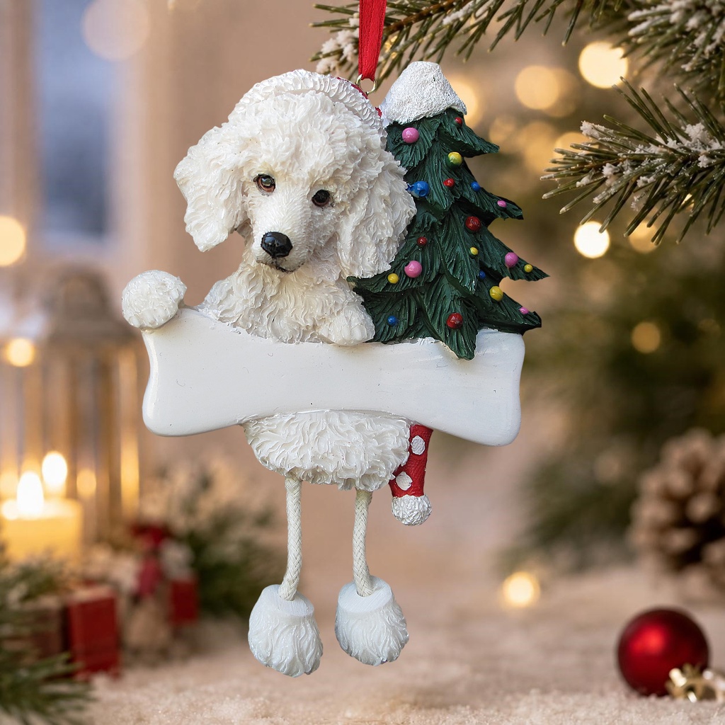 Poodle, white Dangling Dog Ornament