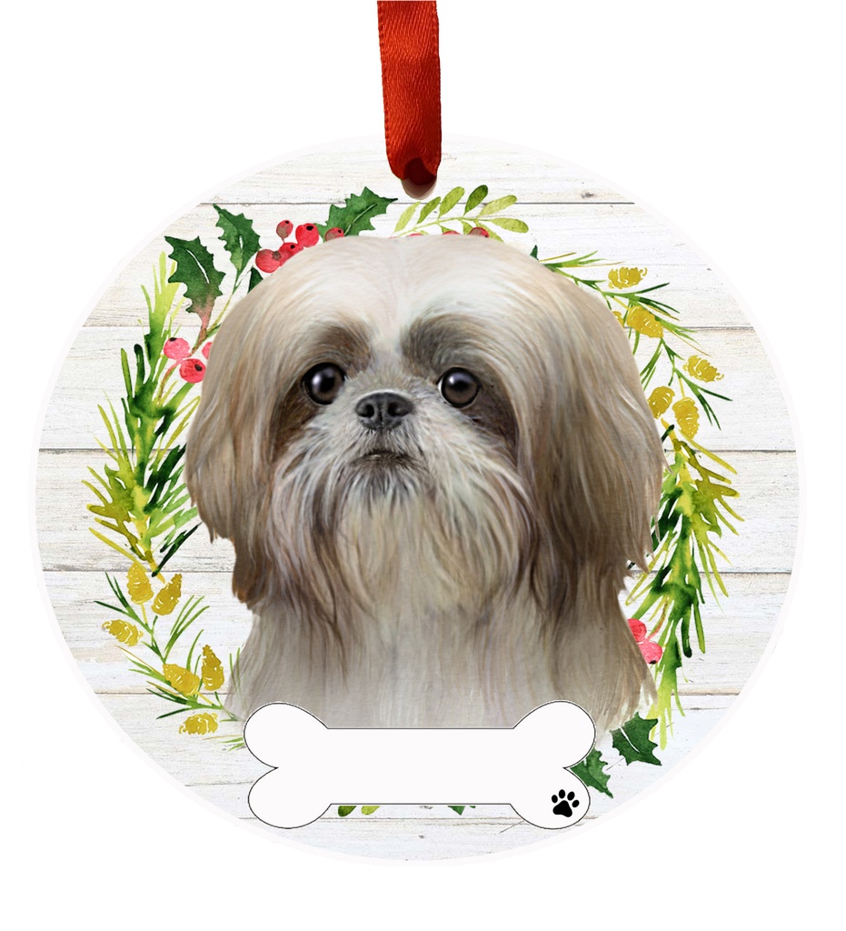 Shih Tzu, tan and white ornament, ceramic wreath