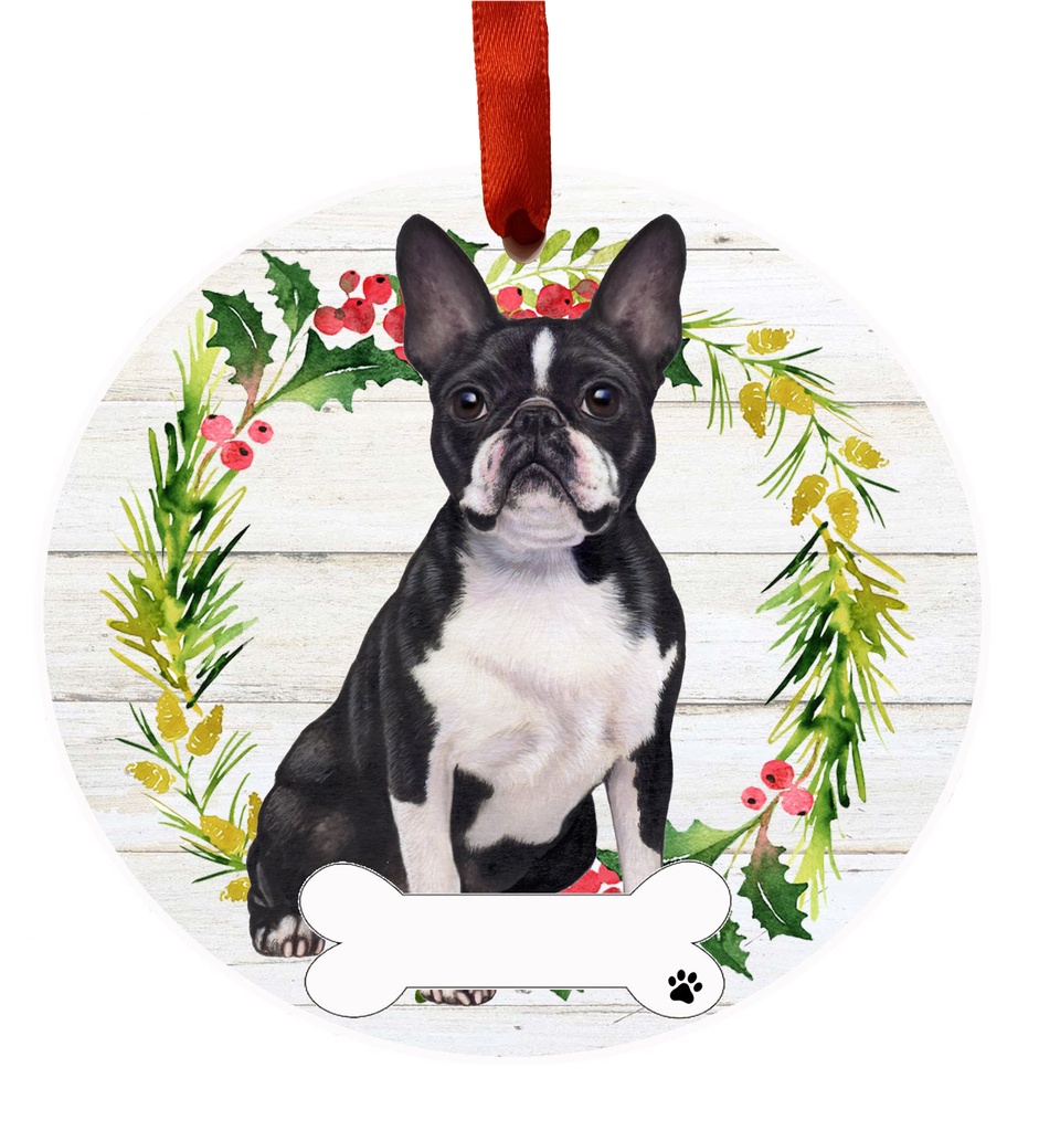 Boston Terrier FB ornament, ceramic wreath