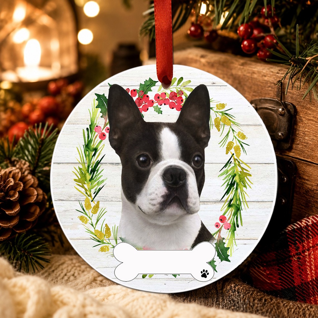 Boston Terrier ornament, ceramic wreath