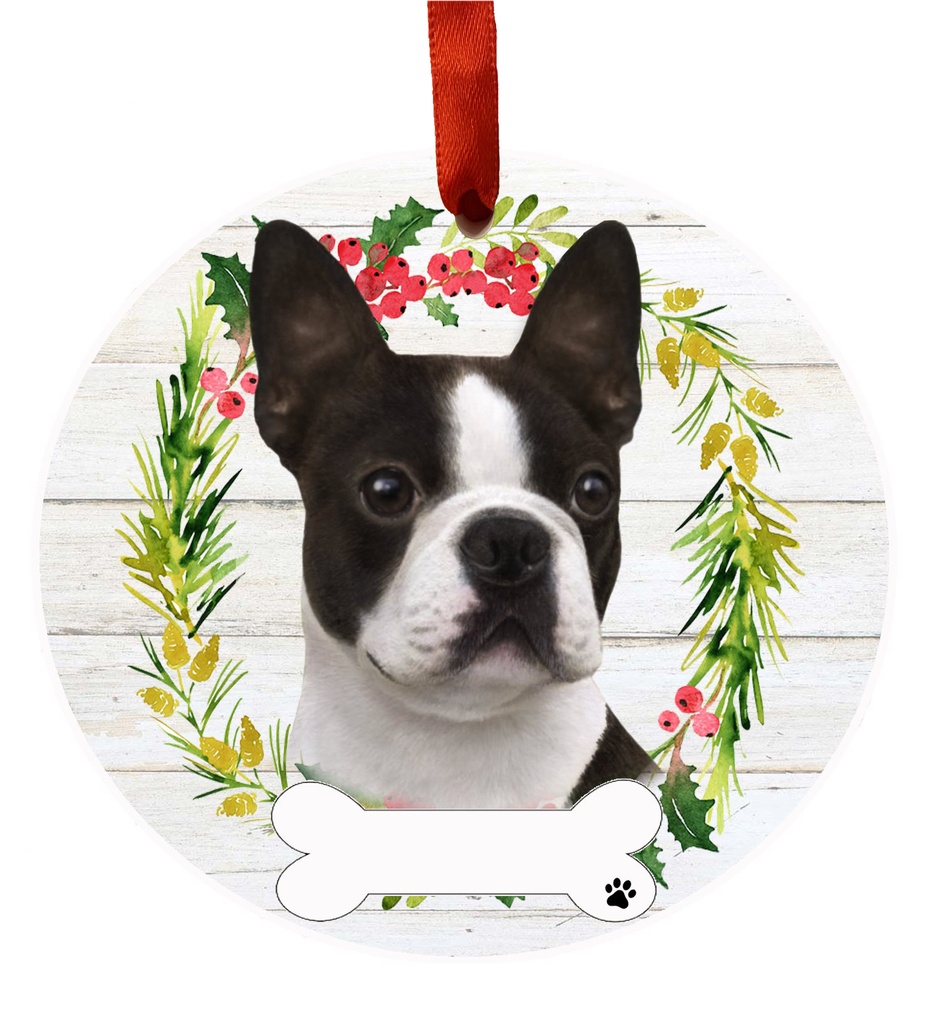 Boston Terrier ornament, ceramic wreath