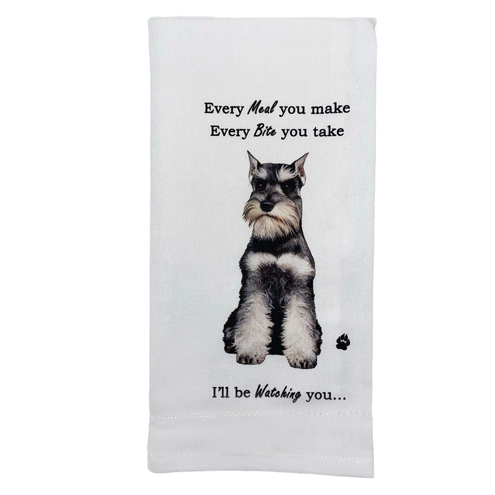 Schnauzer, uncropped  towels, every bite you take
