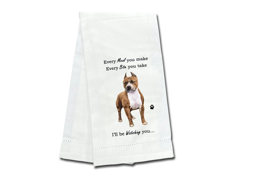 Pit Bull, brindle & White towels, every bite you take