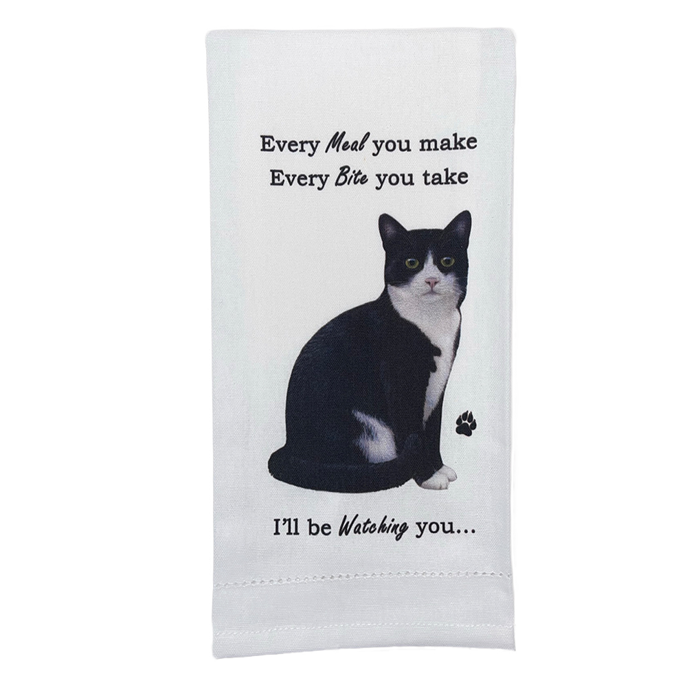 Black and white cat towel, every bite you take