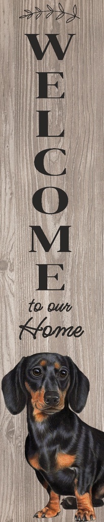 Dachshund, black porch, welcome sign