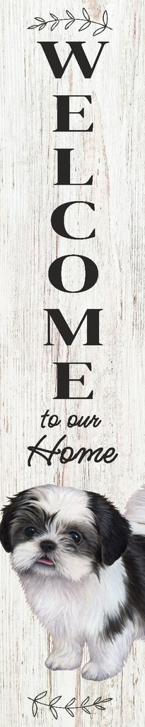 Shih Tzu, black porch, welcome sign