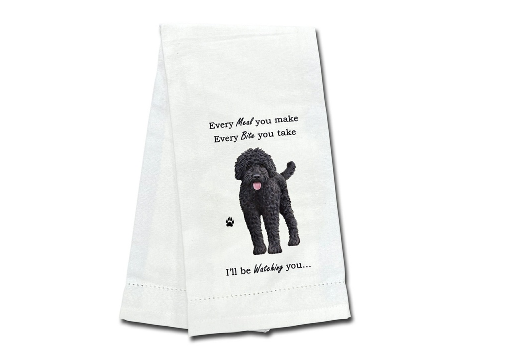Labradoodle, dark   towels, every bite you take