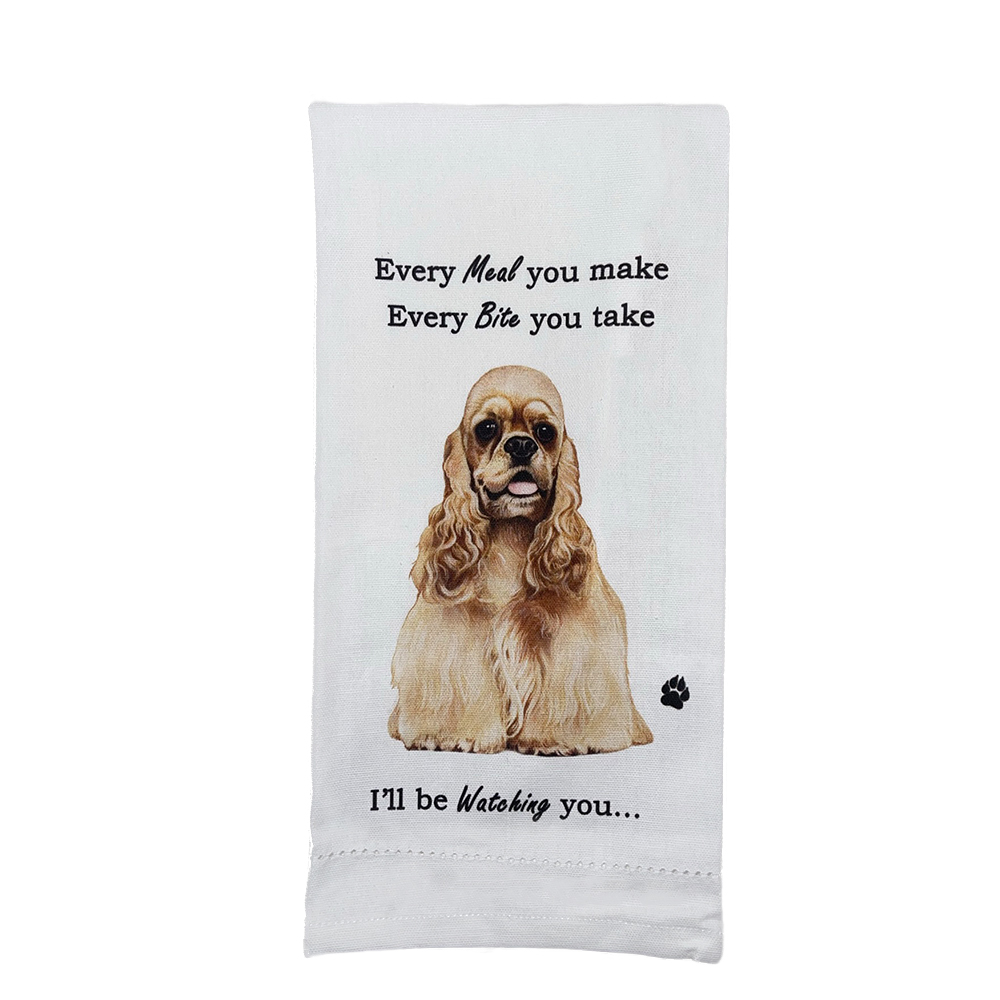Cocker Spaniel, buff towels, every bite you take