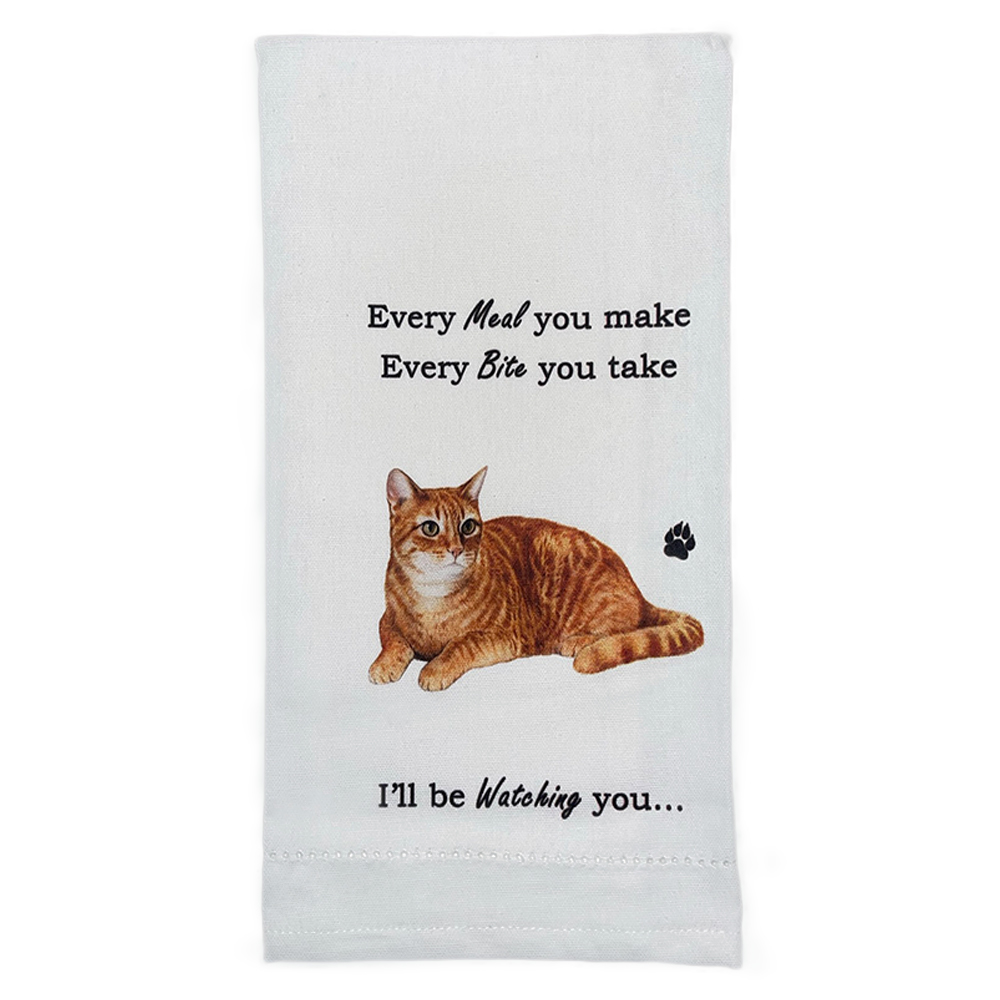 Tabby, orange cat towels, every bite you take