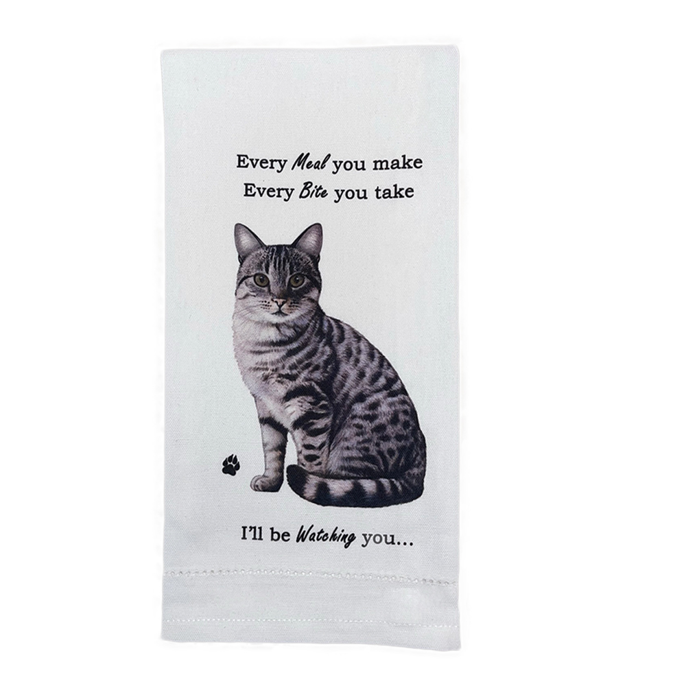 Tabby, silver cat towels, every bite you take