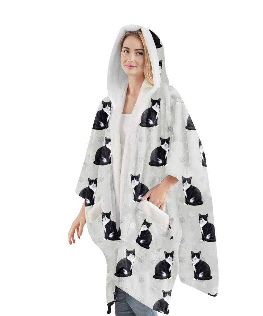 Black & White Cat Snuggs Wrap - Wearable Blanket Hoodie