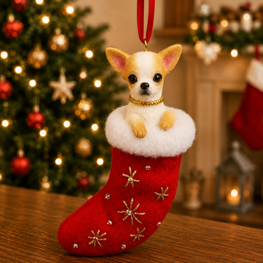 [ORN221-10] Santa's Little Pals, Chihuahua, tan and white ornament