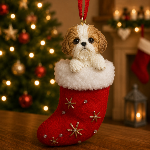 [ORN221-87] Santa's Little Pals, Shih Tzu, tan and white puppy cut ornament