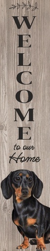 [520-14] Dachshund, black porch, welcome sign