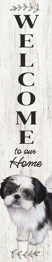 [520-87b] Shih Tzu, black porch, welcome sign