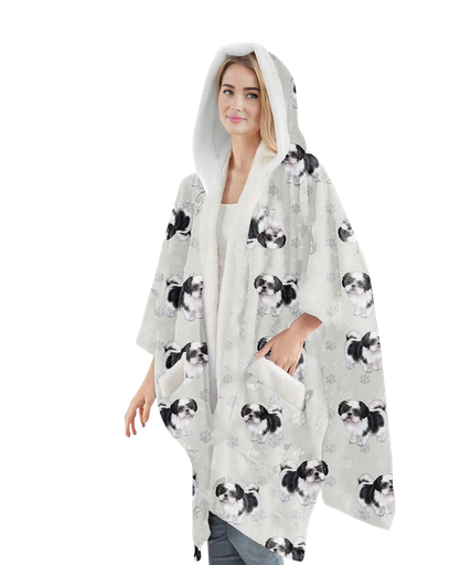 [977-87b] Shih Tzu, Black and White Snuggs Wrap - Wearable Blanket Hoodie