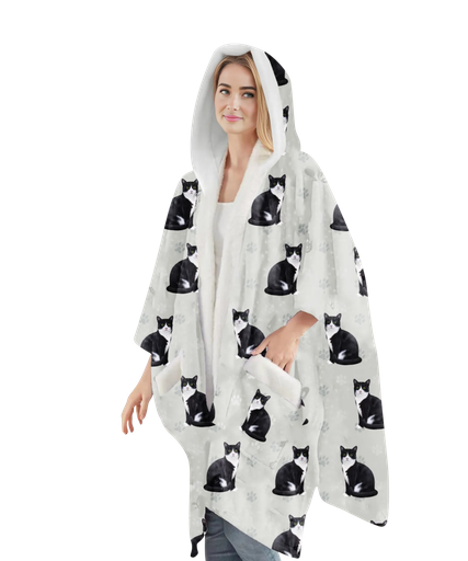 [978-3] Black & White Cat Snuggs Wrap - Wearable Blanket Hoodie
